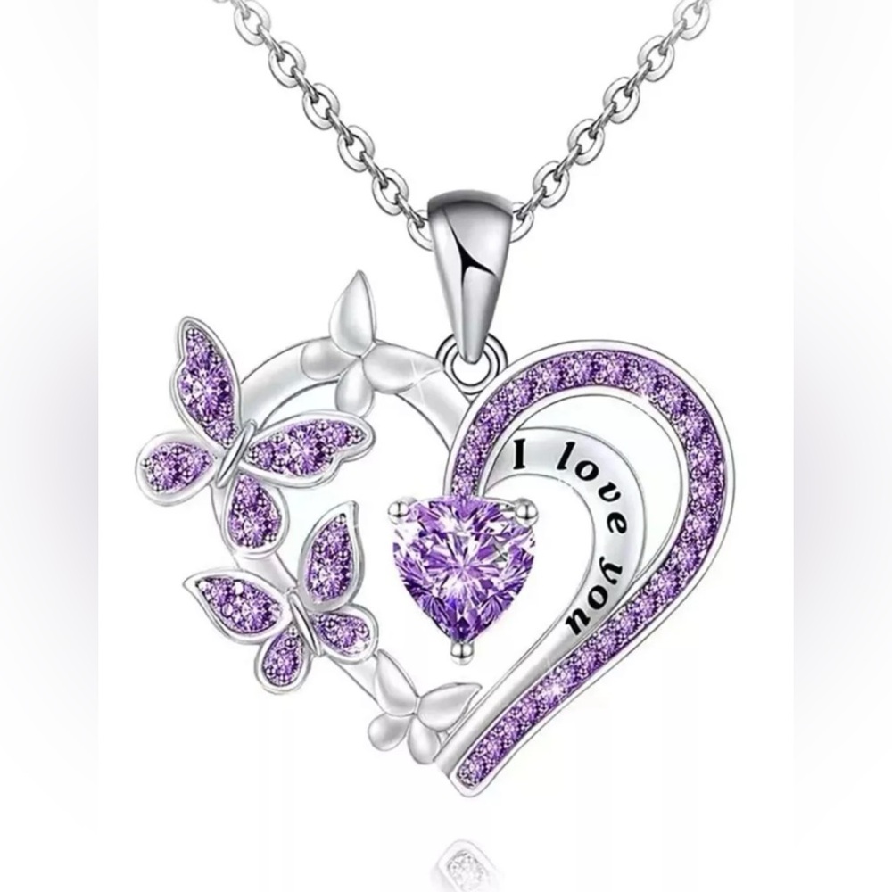 Fashion Zinc Alloy Cubic Zirconia Butterfly Hollow Out Heart Pendant Necklace